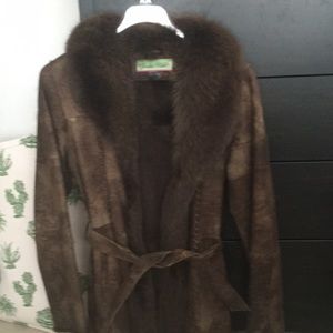 Rabbit and fox fur coat  brown suede
